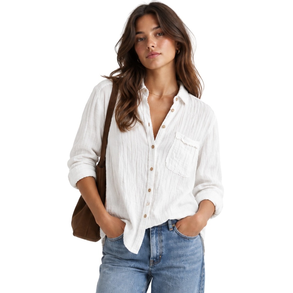 Anthropologie Pilcro Top Womens XS White Cotton Gauze Button Down Shirt Raw Edge